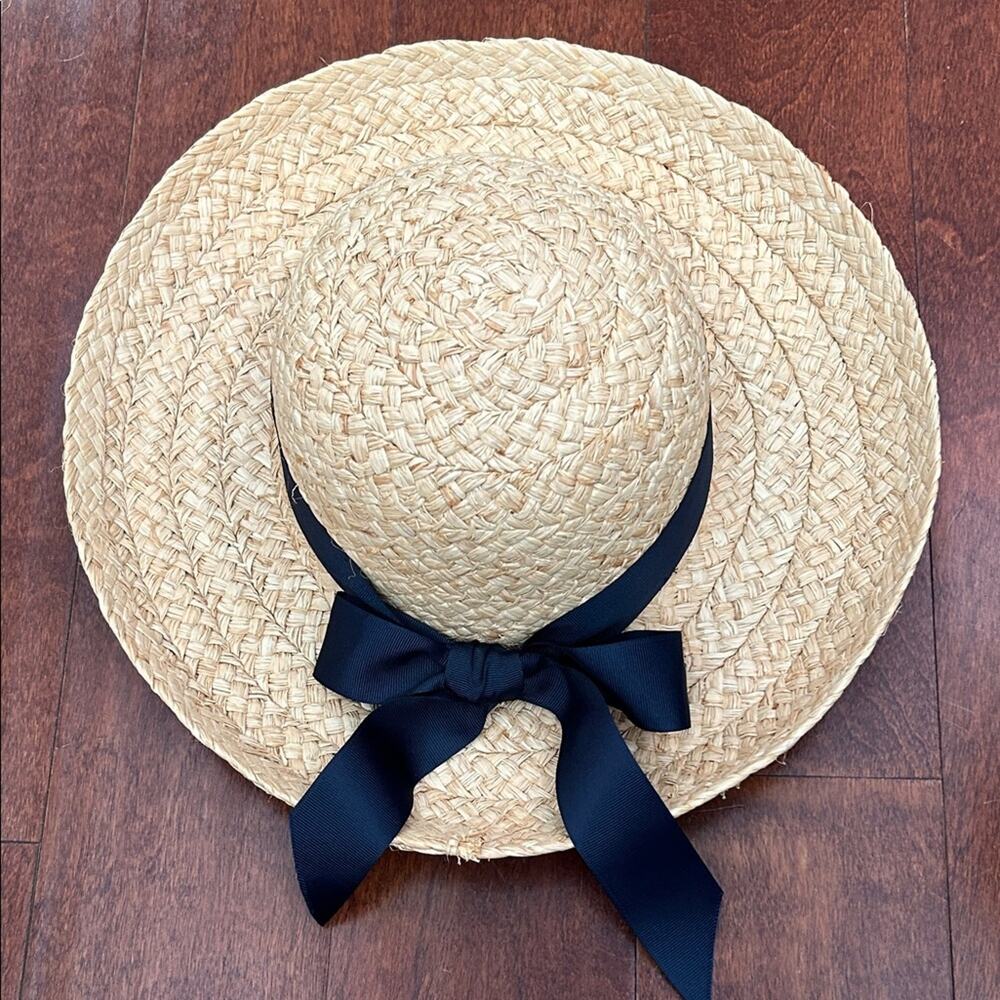 American Hat Company 100% Natural Straw Hat with Navy Ribbon Bow - Picture 9 of 16